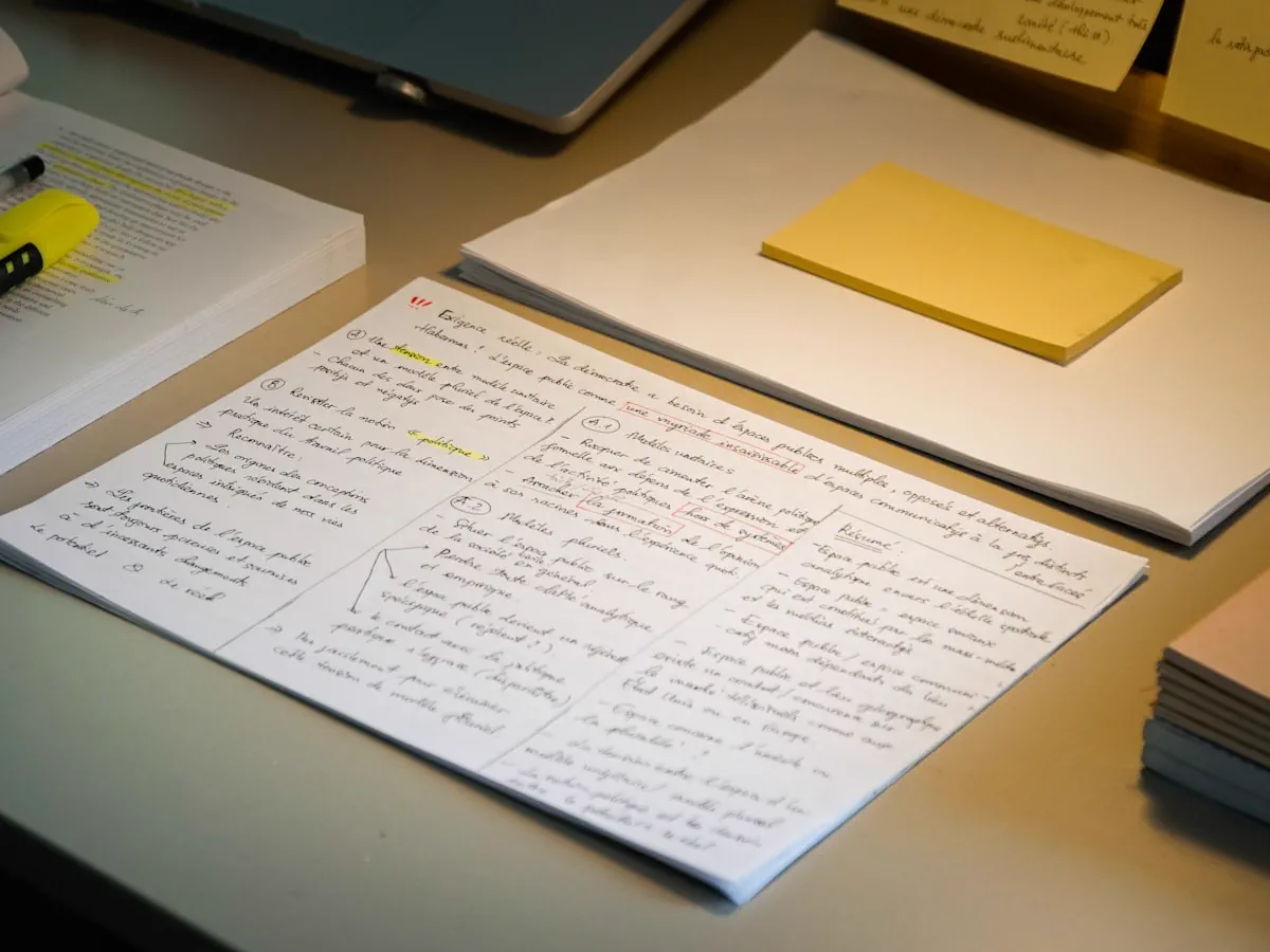Documents de candidature manuscrits annotés posés sur un bureau